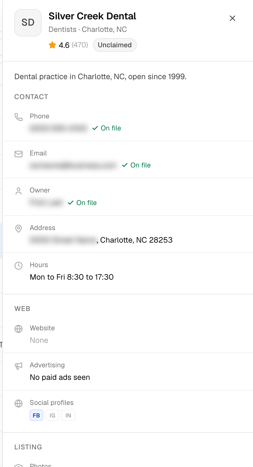A record drawer for a dental practice with the phone, email and owner fields marked on file