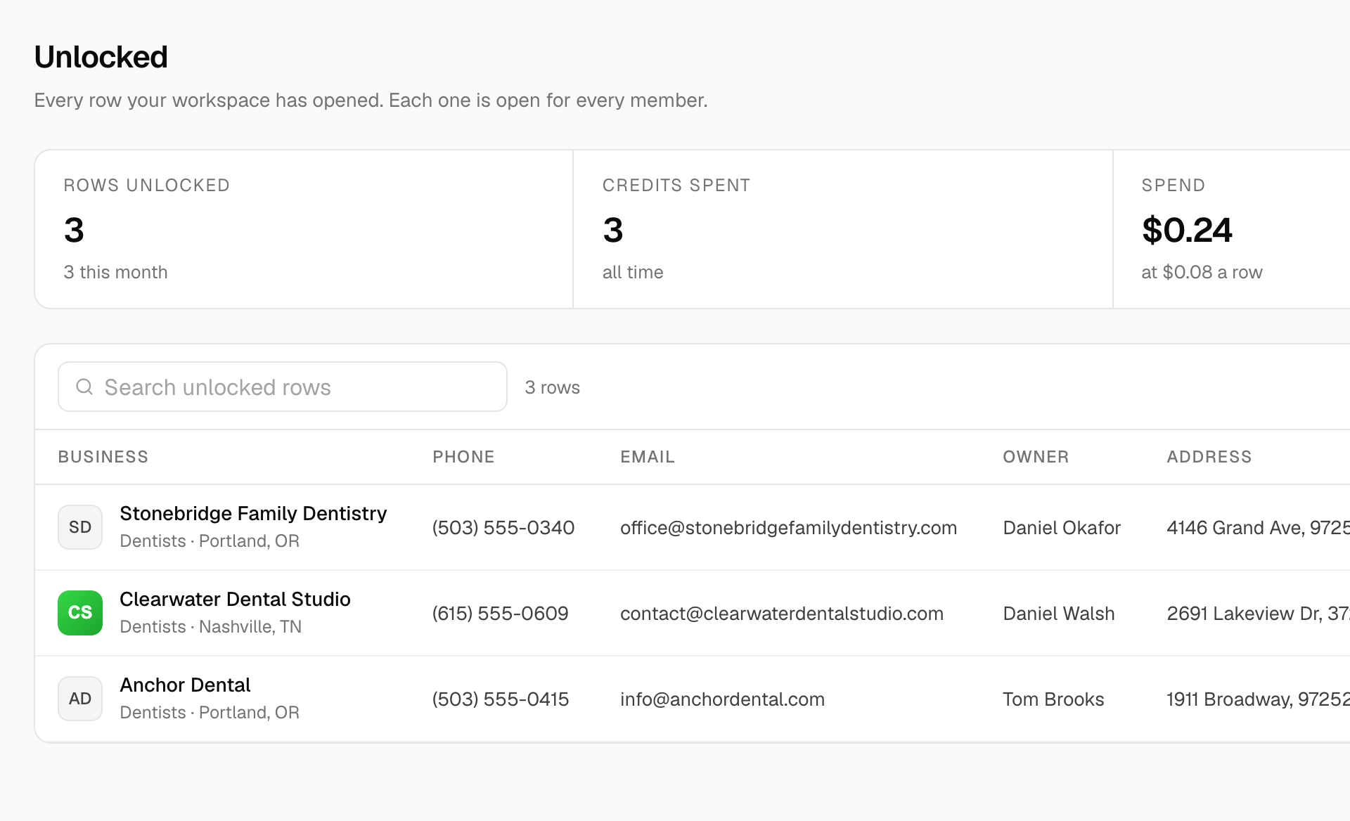 The Unlocked page with three opened records, their phone numbers and an Export CSV button
